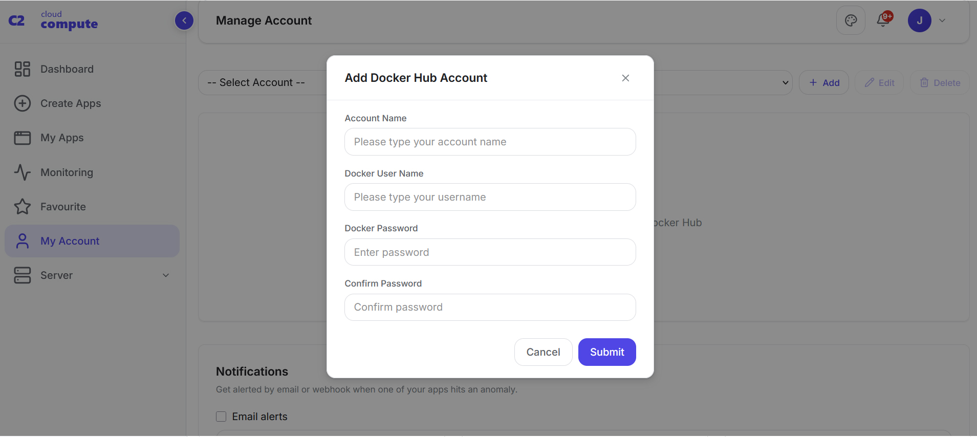 Docker Hub - add account form